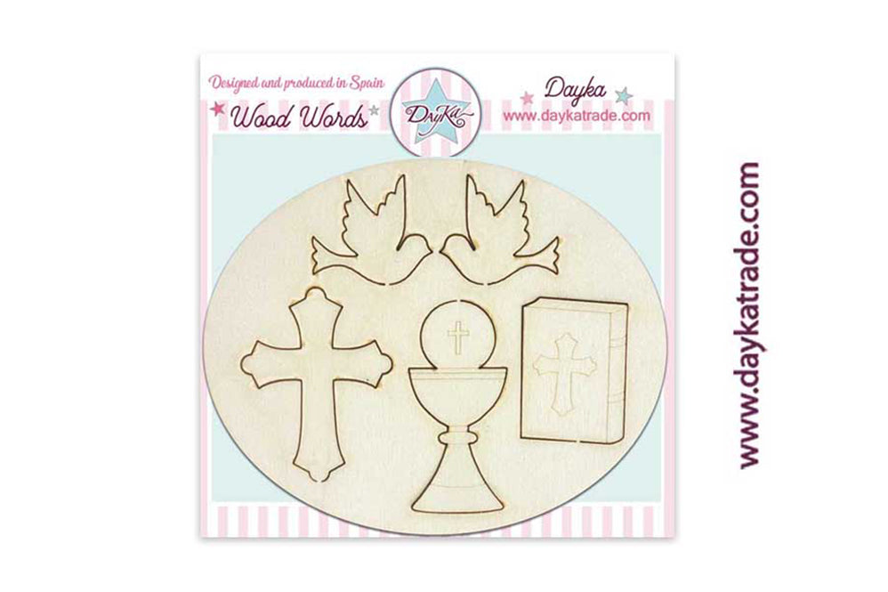 Crucifijo, palomas, cáliz y biblia